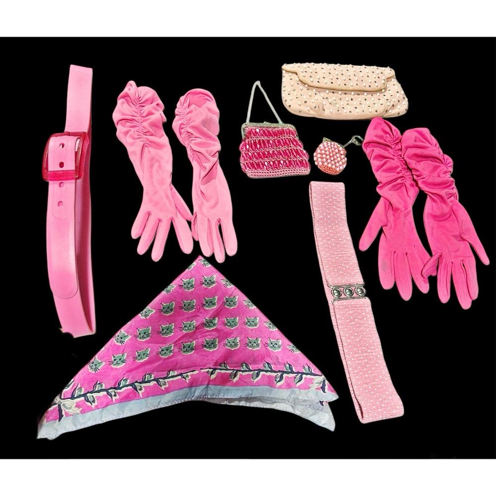 Vintage Pink Accessories Lot Gloves Belt Handbag Purse Scarf Womens Reseller